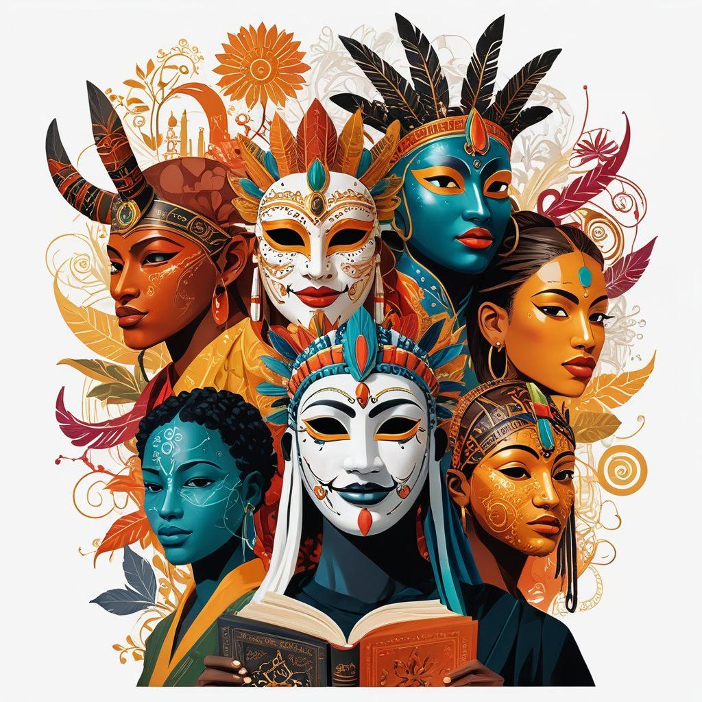 A vibrant montage of diverse cultural symbols, including traditional masks, ancient books, and modern digital screens, all interconnected like a web of stories. In the background, silhouettes of people from various cultures are engaged in storytelling. Warm colors illuminate the scene, highlighting a sense of unity and shared narratives. super-realistic. vibrant colors. white background.