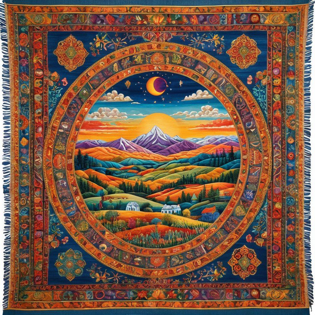 A colorful tapestry woven with diverse threads representing different cultures and personal stories. Each section should depict unique symbols, motifs, and scenes from various traditions, blending together harmoniously. In the background, a serene landscape symbolizes the journey of life, with vibrant colors radiating warmth and inclusivity. The overall composition should evoke a sense of connection and celebration of cultural diversity. vibrant colors. textured fabric patterns. high-detail.