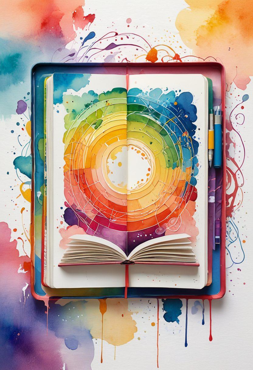 A whimsical open diary filled with colorful sketches and vibrant paints representing various emotions and experiences. Surrounding the diary are flowing threads of different textures and colors weaving together to create a rich tapestry, symbolizing the complexity of self-expression. The background features soft, abstract shapes and hues that complement the diary's contents, creating a harmonious and inviting scene. watercolor style. vibrant colors. soft focus.